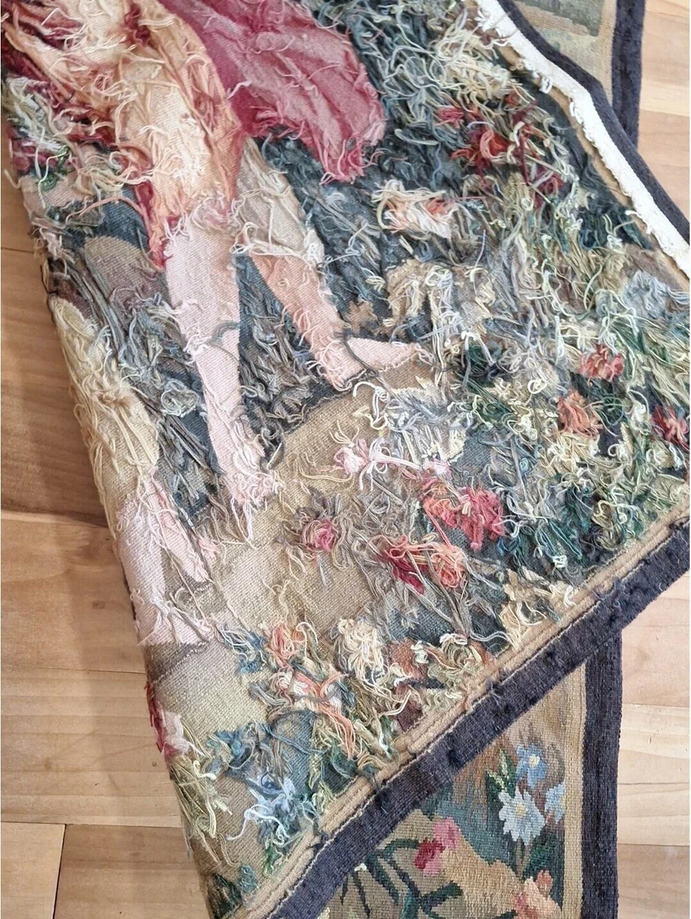 Hand-woven Wool & Silk Aubusson Tapestry French Gobelin Picking Flowers Wall Art